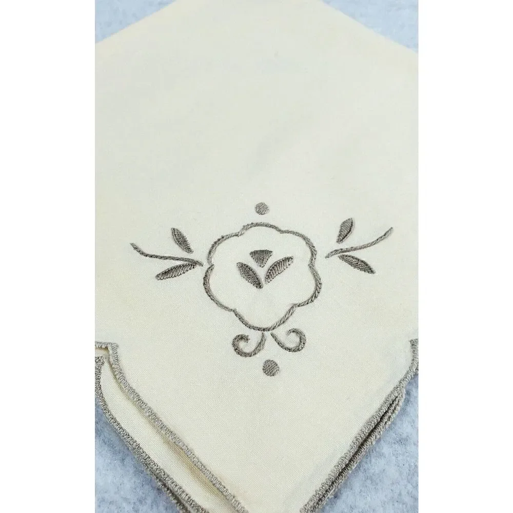 Beige Napkins Set Of 4 With Embroidered Floral Square Scalloped Edges 16